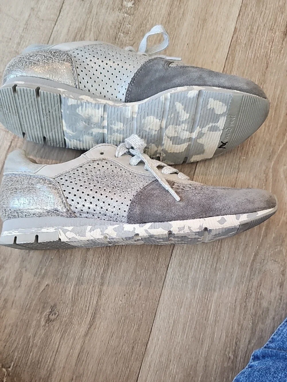 Paul Green Light Gray and Silver Perforated Suede Sneakers